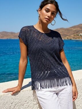 Chico's Navy-Gold Open-Knit Fringe Tunic Top Sz 2 Large